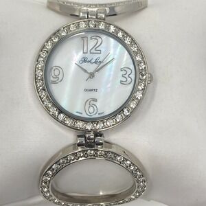 Park Lane Watch Women 35mm Silver Tone MOP Crystal Bling w/Box New Battery 7.25"